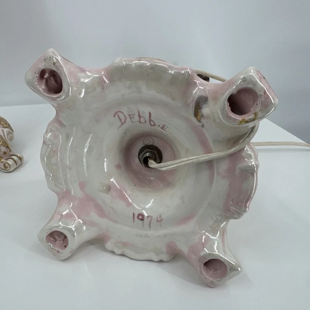 Vintage Pair Of Ceramic Handmade Holly Hobby Style Lamps 1974 Pink Prairie‎